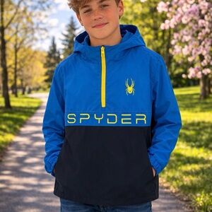 Spyder Boys' Blue and Navy Half-Zip Hoodie with Neon Green Accents size 14/16